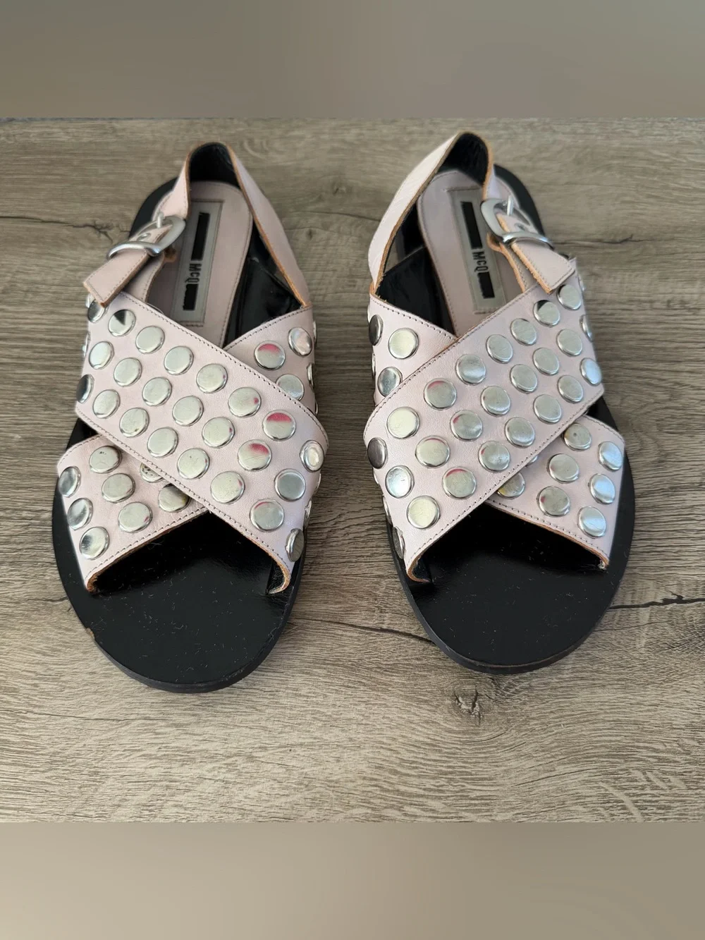 McQ By Alexander McQueen Black Studded Leather Sandals Cross Straps Size 37 Pink - Picture 2 of 10